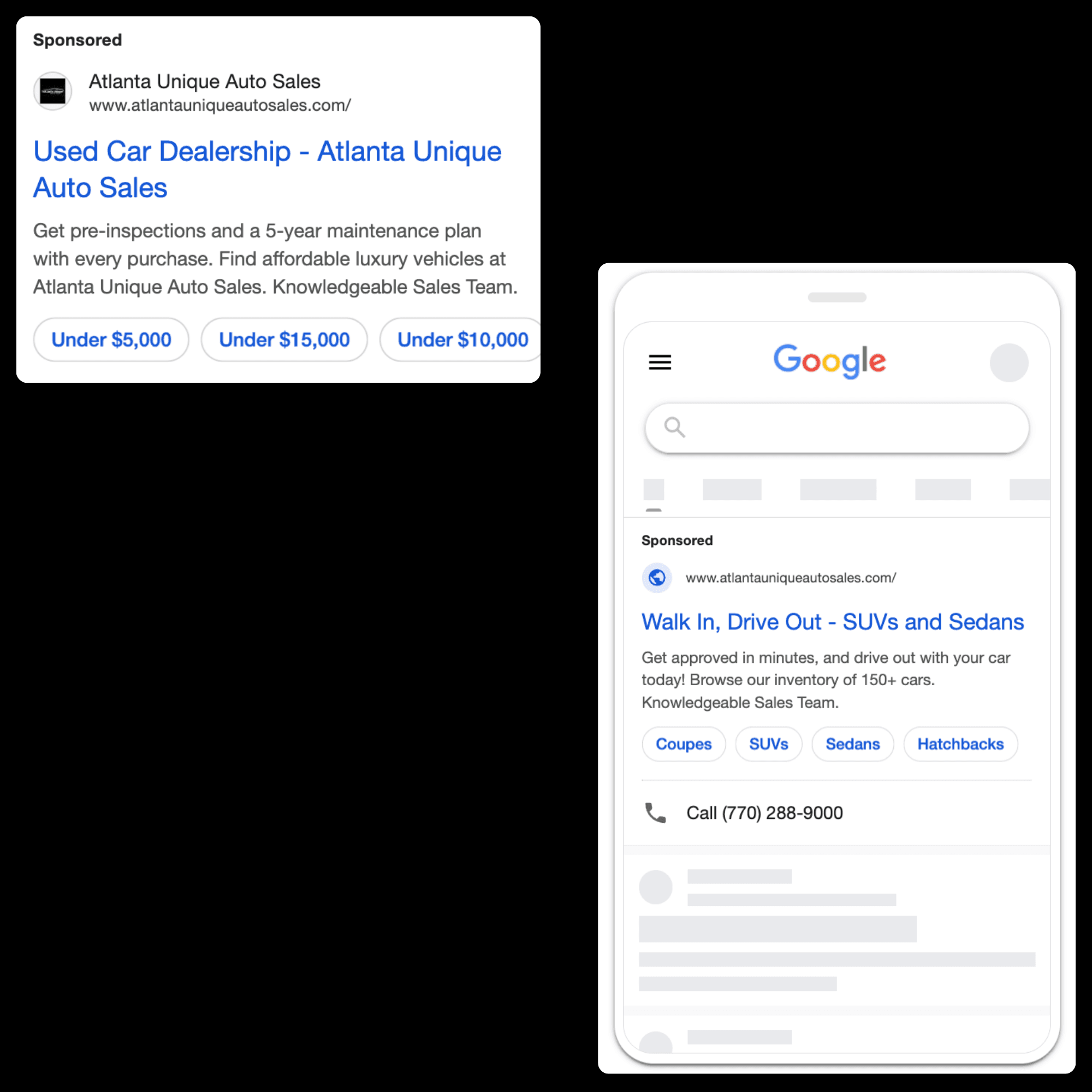 Atlanta Unique Auto Sales — Google Ads sponsored search creative on desktop and mobile